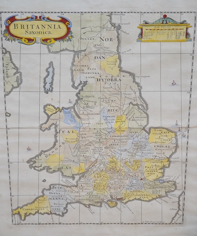 Robert Morden (1650-1703), hand coloured engraved map, Britannica Saxonica, 45 x 36cm. Condition - fair to good